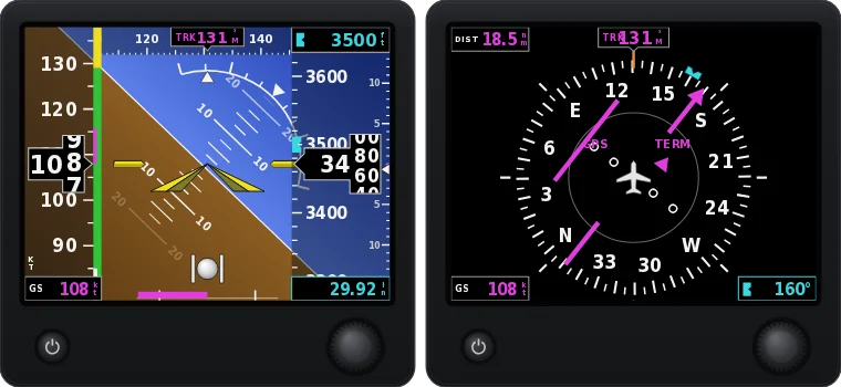 G5-style attitude indicator and HSI drawn from the demo flight at 108 knots groundspeed, track 131 degrees.