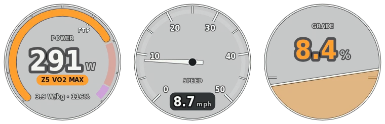 Power gauge at 291 watts in zone 5 with 3.9 W/kg, a speed dial and an 8.4 percent grade dial.